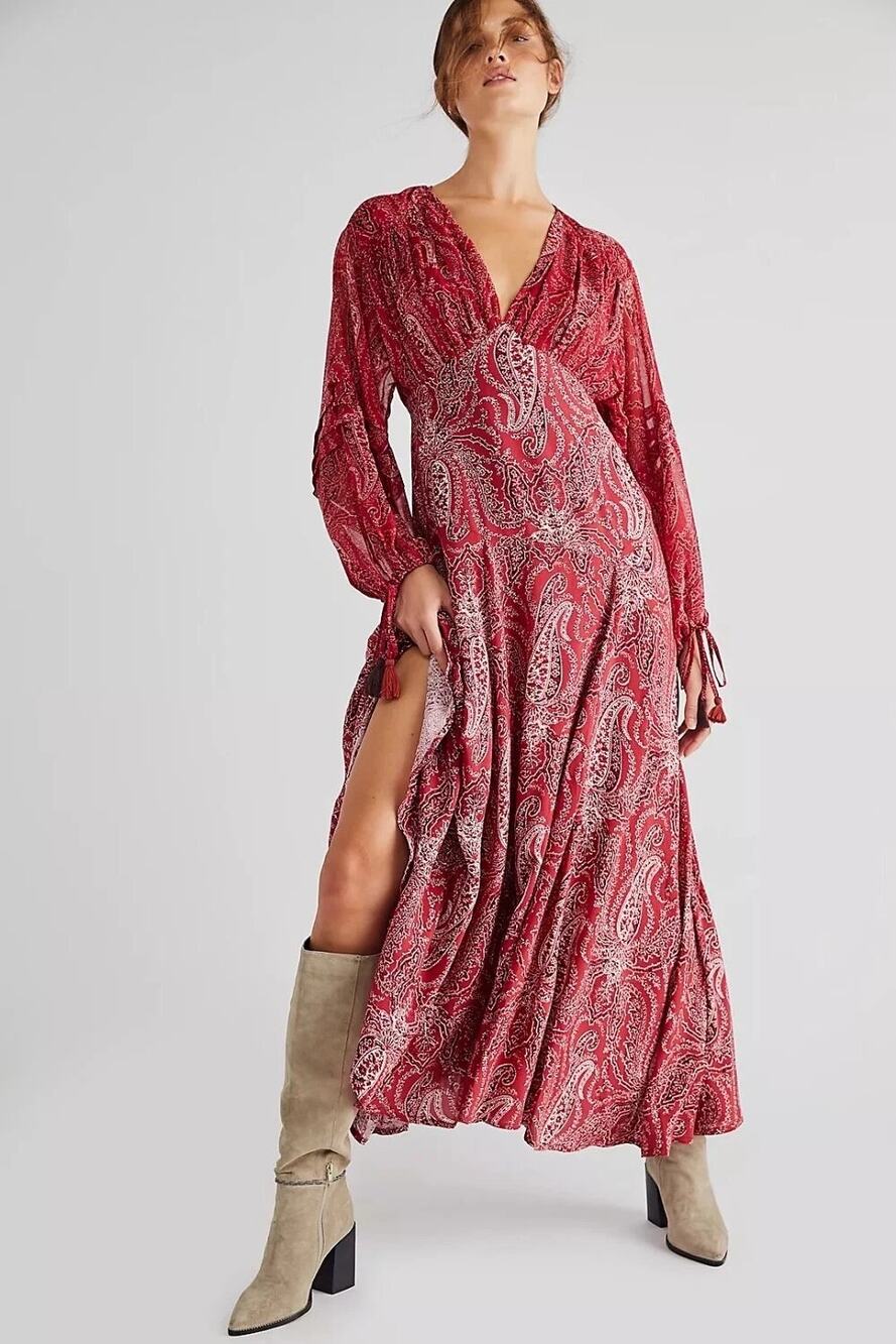 New Free People Mirage Paisley Maxi Dress $198 SIZE 2 Red Boho Empire Waist